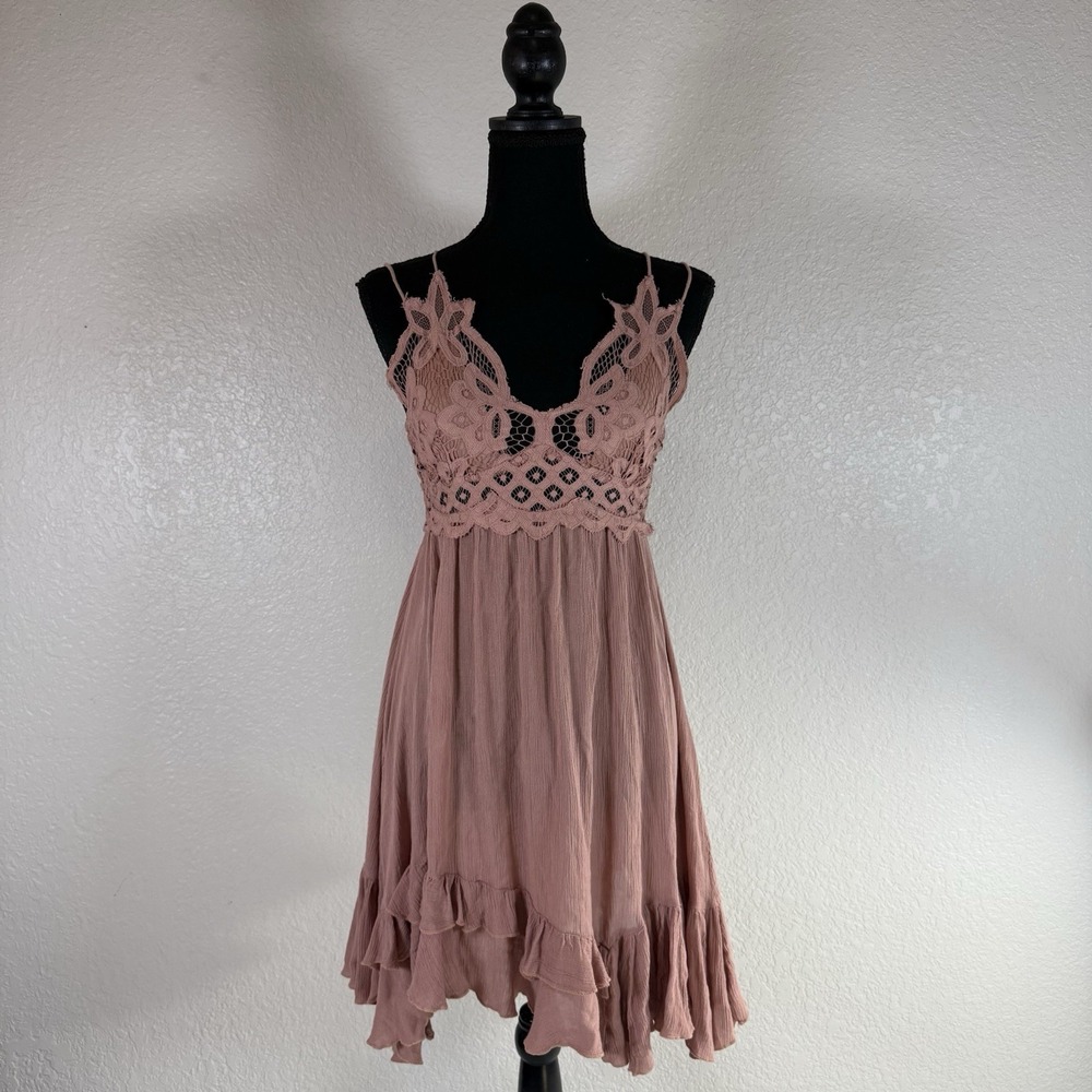 Free People Sz S Adella Lace Trim Midi Dress Pink Dusty Rose Boho Festival